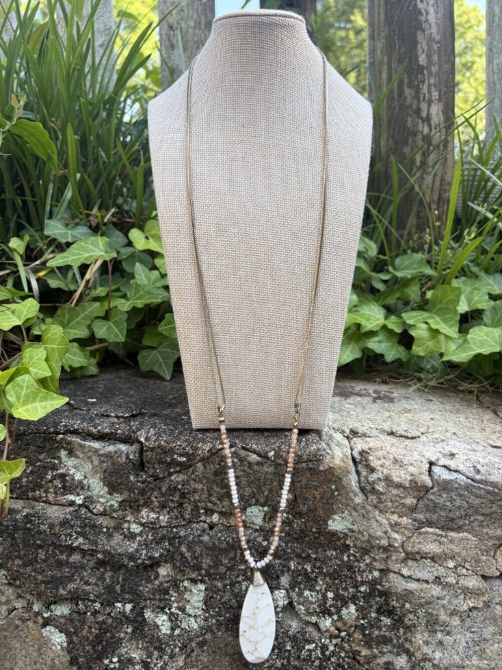 Natural Stone Pendant Necklace With Beaded Chain & Gold Accents Boho Chic Jewelr